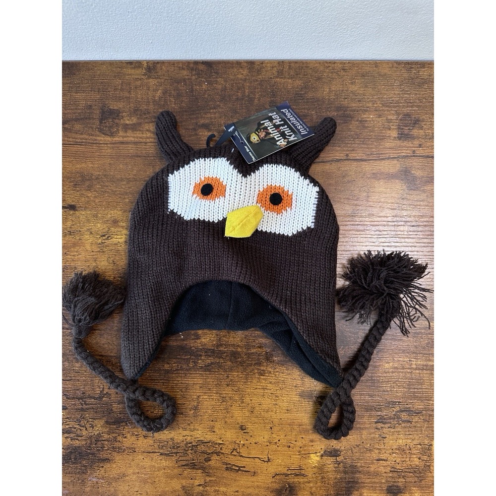 Thermo Wear Owl Animal Knit Hat Insulated Brown Wool Blend Trapper Beanie NWT